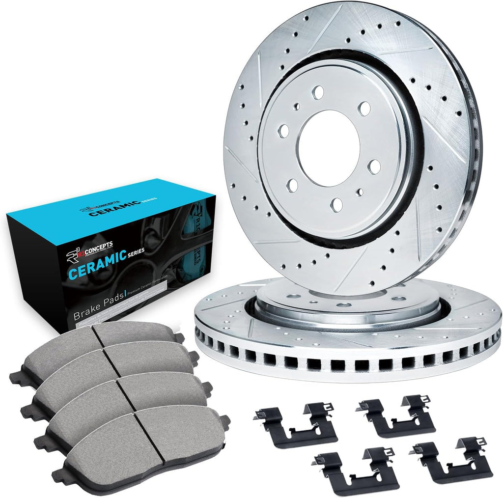 R1 Concepts Front Brake Kit Fits 2018-2020 Buick Enclave, Chevrolet Traverse; 2019-2020 Chevrolet Blazer; 2017-2020 GMC Acadia| Ceramic Pads, Drilled Slotted Rotors| Hardware| 12.6' Front