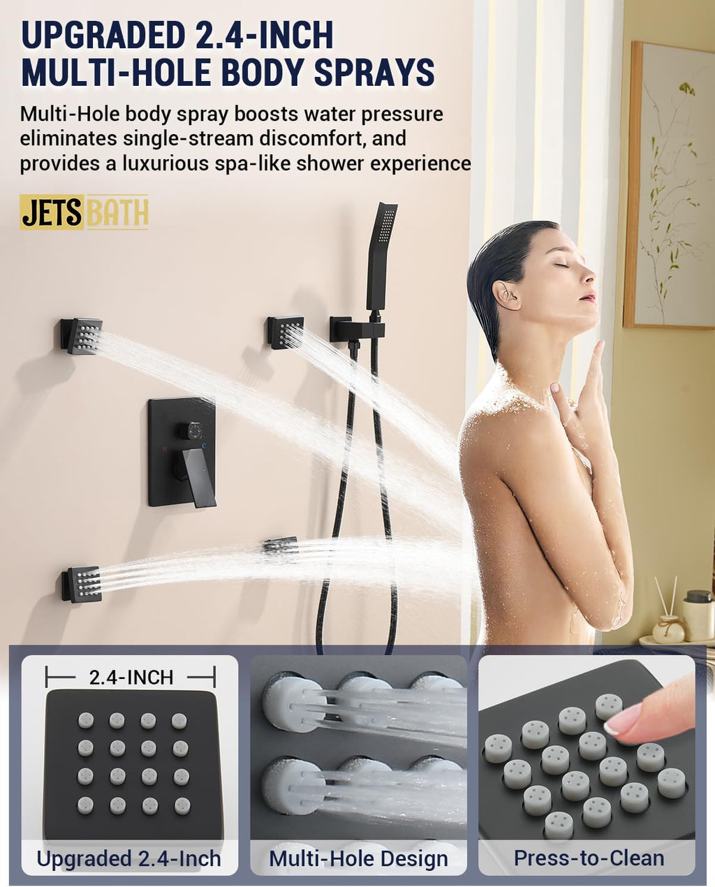 Dual Rainfall Shower Head System with 4 Body Jets, JetsBath Shower Faucet Set Double Shower Head 6-Inch Shower Head & 12' Rain Shower, Luxury Matte Black Shower Faucet Set Tandem Shower Head System
