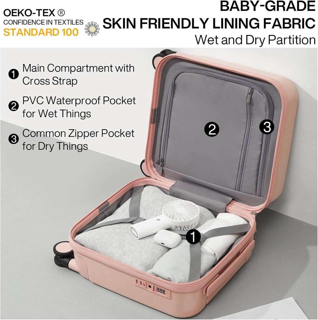 mixi 14 Inch Underseat Luggage Carry on Suitcase Free Boarding Personal Item Suitcases with Spinner Wheels Hardshell Lightweight PC for Short Travel, Pink