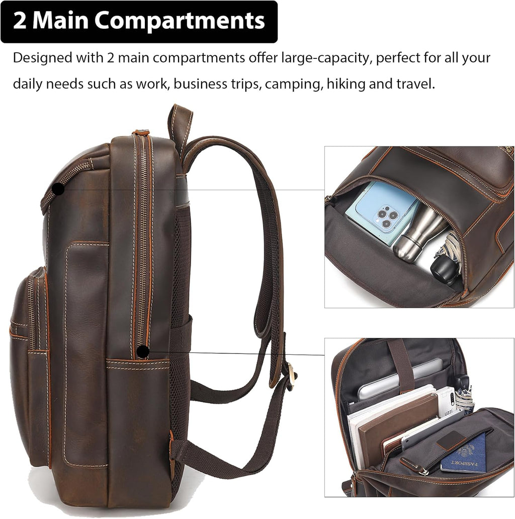 LANNSYNE Full Grain Leather Backpack For Men, 17' Laptop Backpack, Casual Outdoor Business Travel Rucksack, YKK Zippers