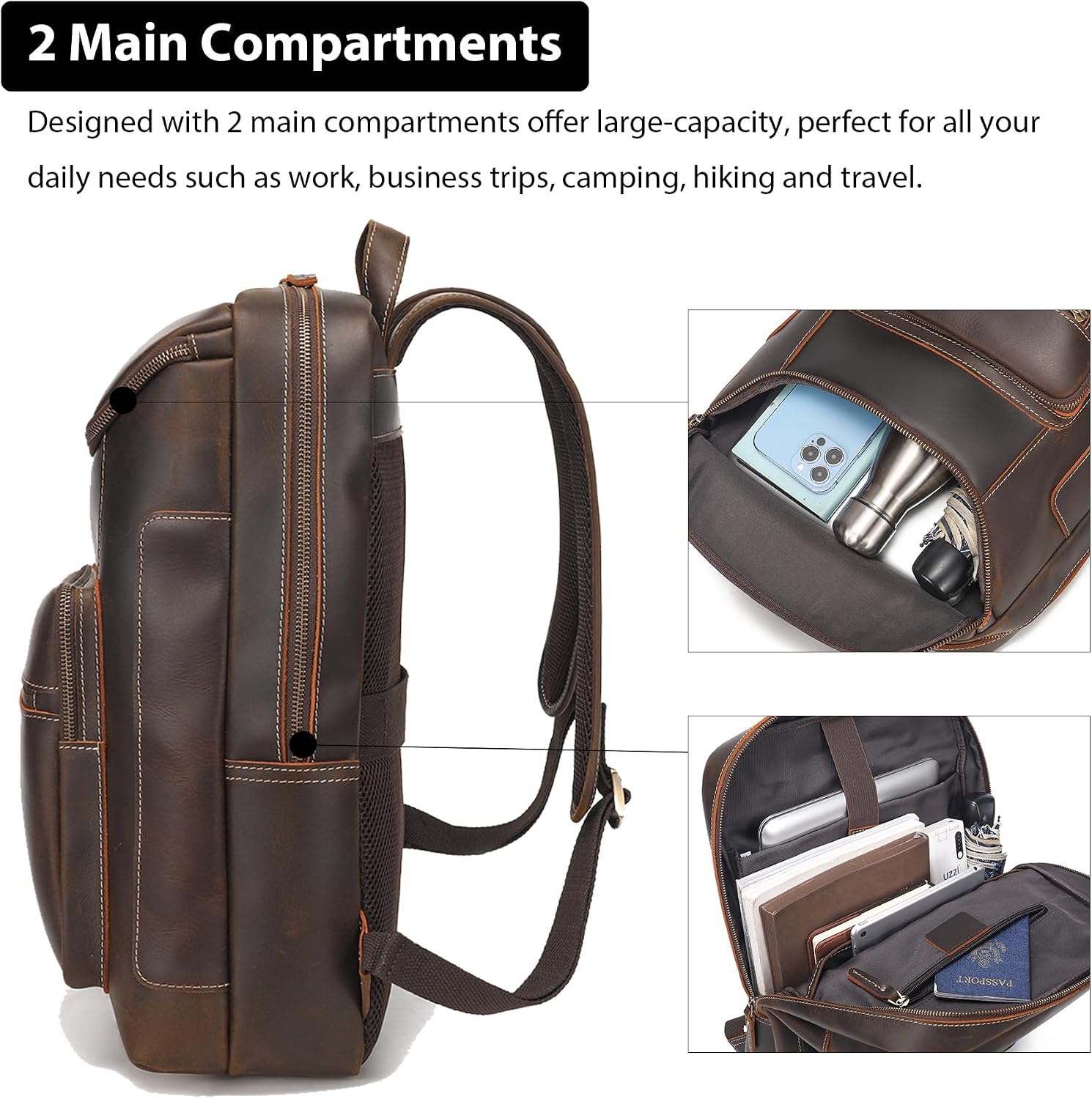 LANNSYNE Full Grain Leather Backpack For Men, 17' Laptop Backpack, Casual Outdoor Business Travel Rucksack, YKK Zippers