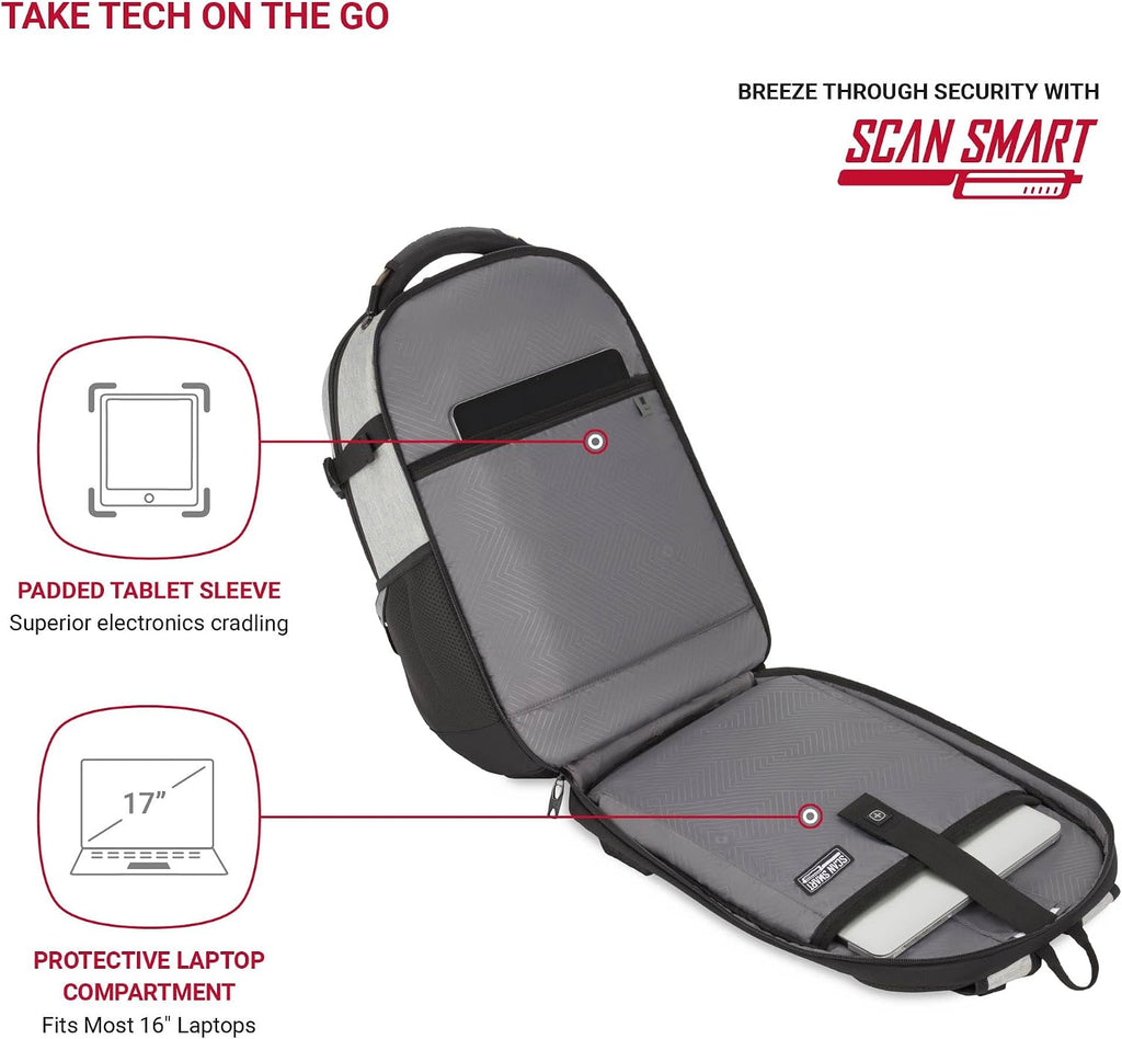 SwissGear Travel Tech Pro Laptop Backpack – Fits Laptops up to 16' – ScanSmart TSA-Friendly Backpack with Multiple Organizer Pockets – Grey Heather