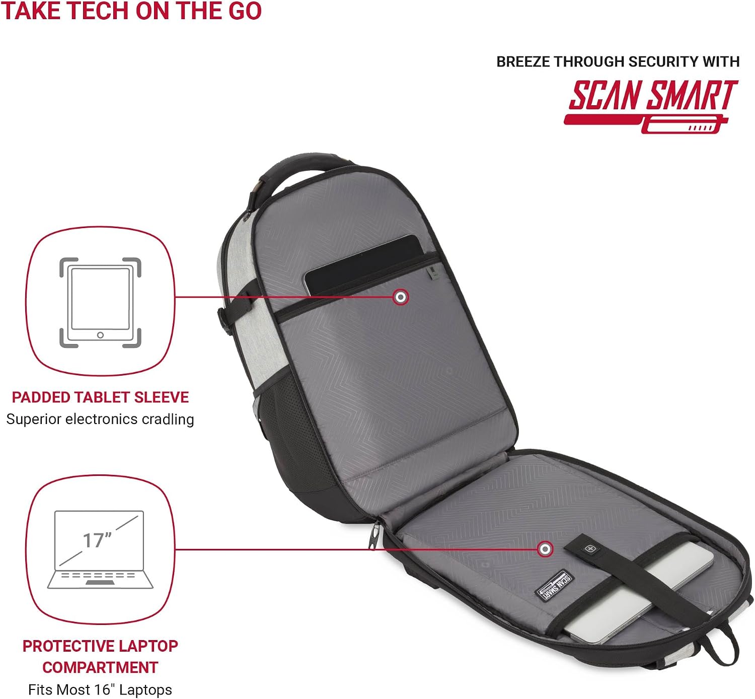 SwissGear Travel Tech Pro Laptop Backpack – Fits Laptops up to 16' – ScanSmart TSA-Friendly Backpack with Multiple Organizer Pockets – Grey Heather