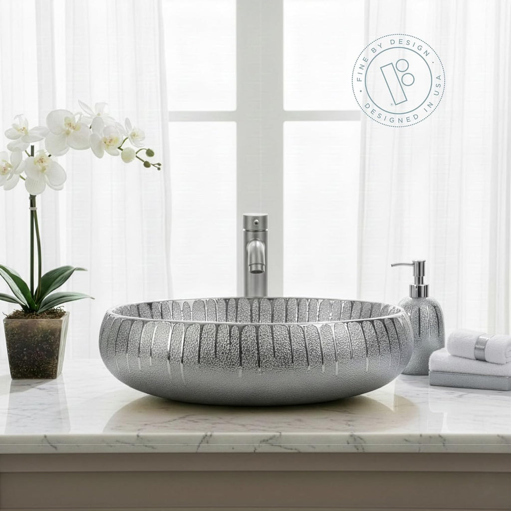 Fine Fixtures 23' x 15' Luxury Silver Vessel Bathroom Sink - Oval Ceramic Sink Bowl, Elegant Countertop Wash Basin, Perfect Sink for Vanity Top Installation