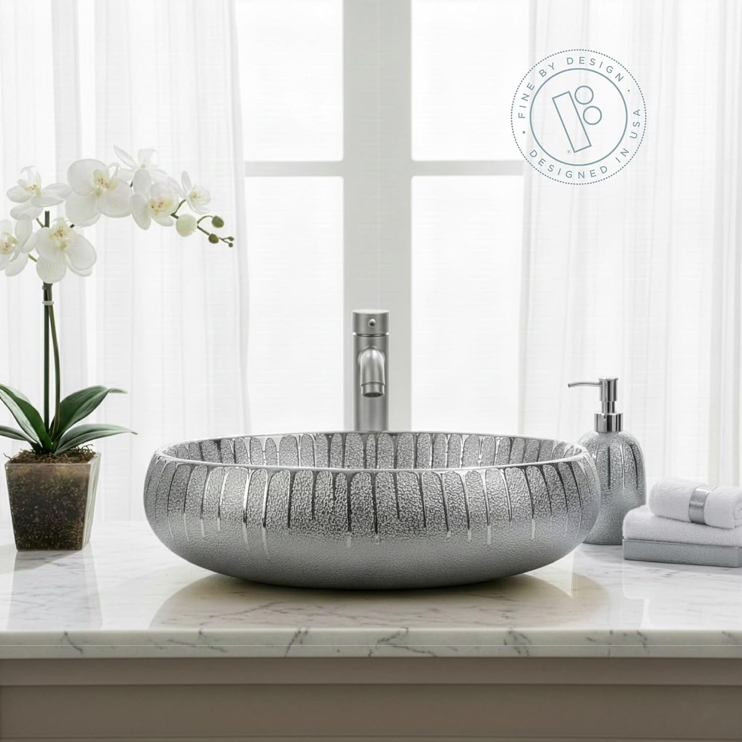 Fine Fixtures 23' x 15' Luxury Silver Vessel Bathroom Sink - Oval Ceramic Sink Bowl, Elegant Countertop Wash Basin, Perfect Sink for Vanity Top Installation