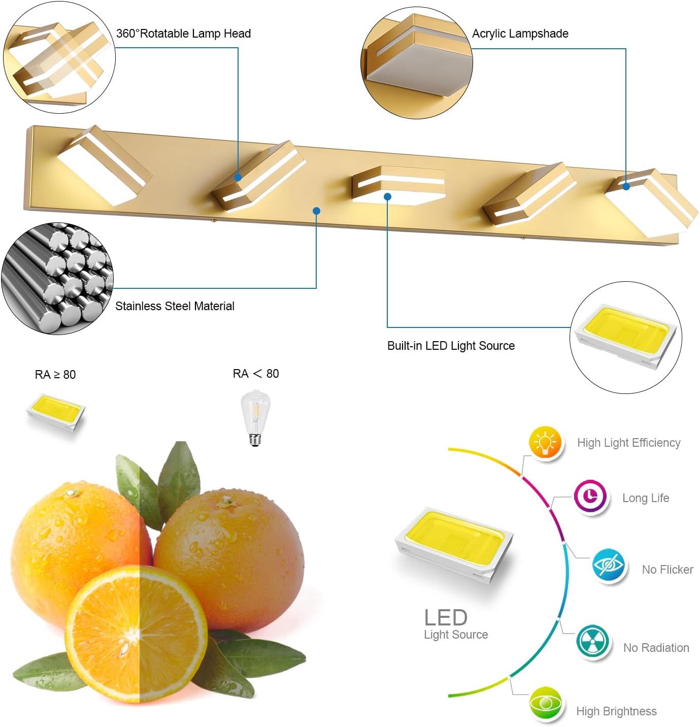 SineRise LED Modern Bathroom Vanity Light Fixtures (5-Light, 40-Inch), Matte Gold Modern Acrylic Bathroom Wall Lighting Fixtures Over Mirror (Cool White 6000K)