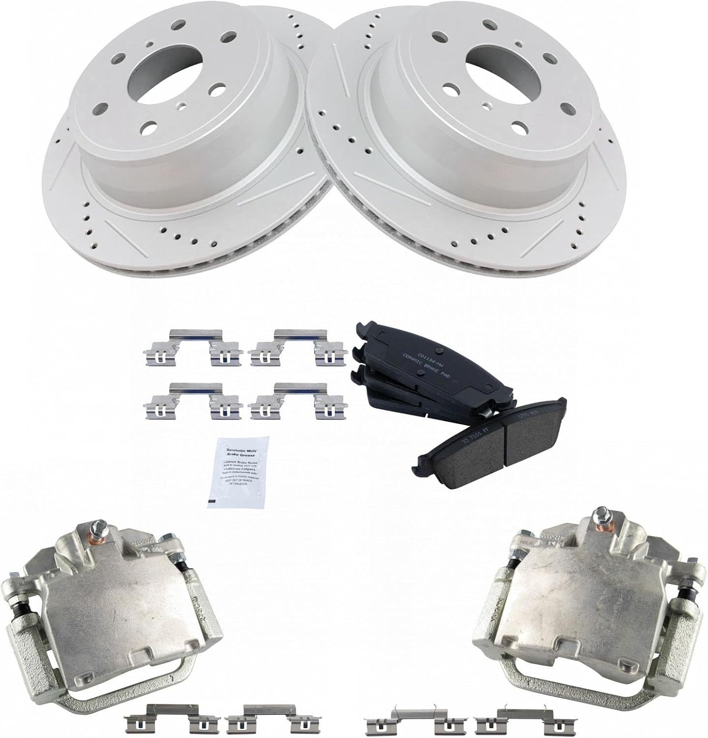 TRQ Performance Rear Brake Pad & Rotor Set Ceramic Drilled Coated Calipers for 07-14 Cadillac Escalade Chevrolet Avalanche Silverado 1500 Suburban 1500 Tahoe GMC Sierra 1500 Yukon Yukon XL 1500