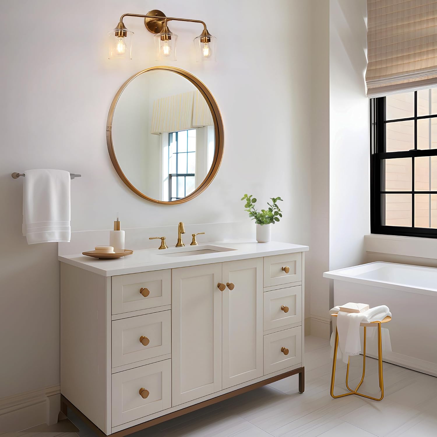 KSANA Gold Bathroom Light Fixture, 3-Light Vanity Light Over Mirror, Modern Glass Wall Sconce with Electroplated Antique Brass Finish