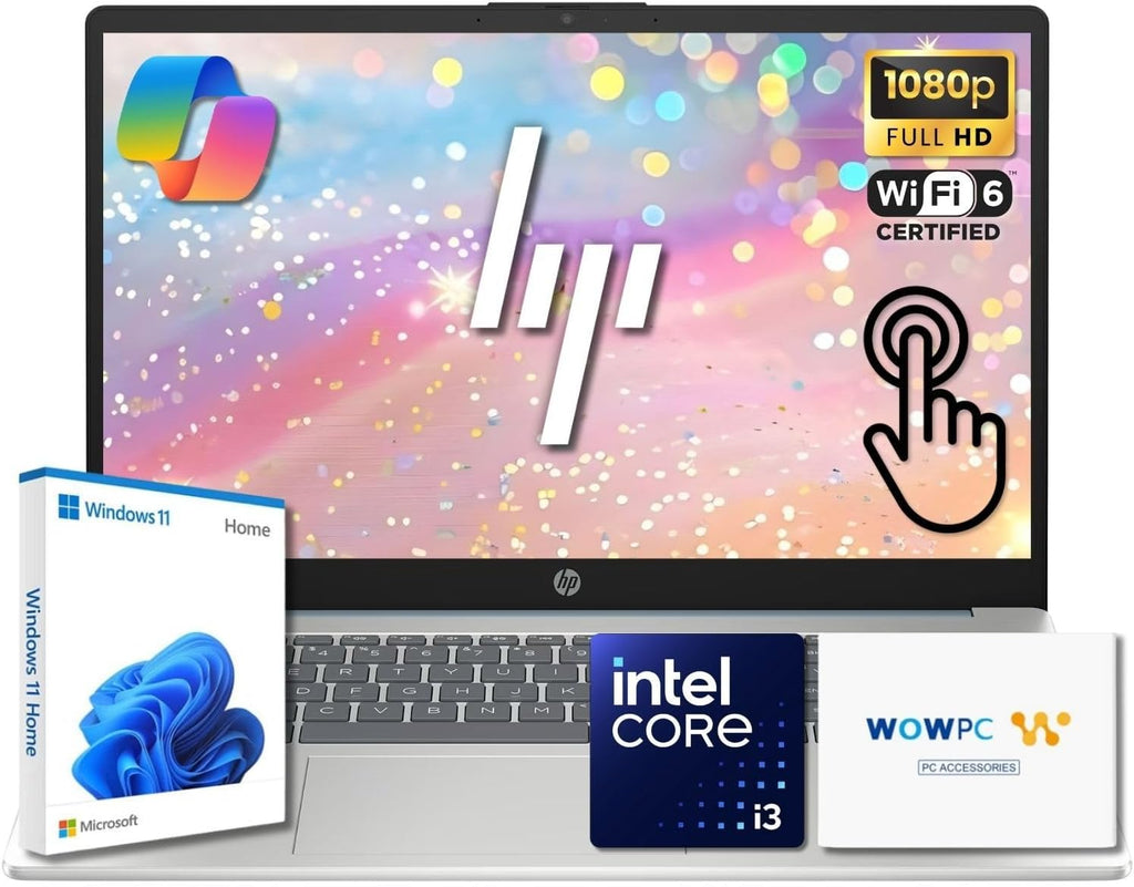 HP 15.6' Pavilion FHD Touchscreen Laptop | Intel Core i3 | 8GB DDR4 | 256GB PCIe SSD | AI Enhanced Win 11 | Numeric Keypad | Wi-Fi 6 & HD Webcam | WOWPC USB | Up to 10H Battery for Work & School