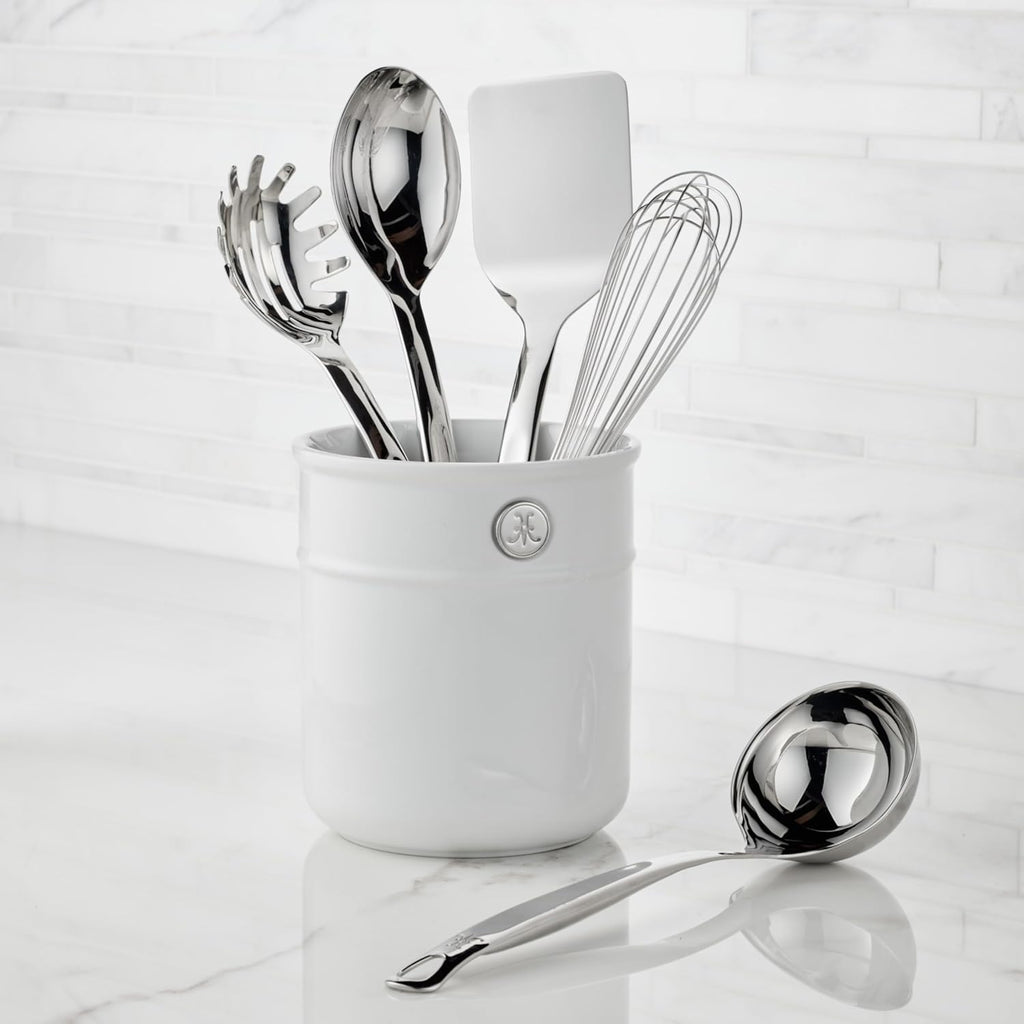 Hestan Provisions Chef's Tools, Deluxe Tool Set (6-Piece) with Porcelain Holder/Bain Marie & Stainless Steel: Solid Spoon, Ladle, Pasta Fork, Turner/Spatula, French Whisk