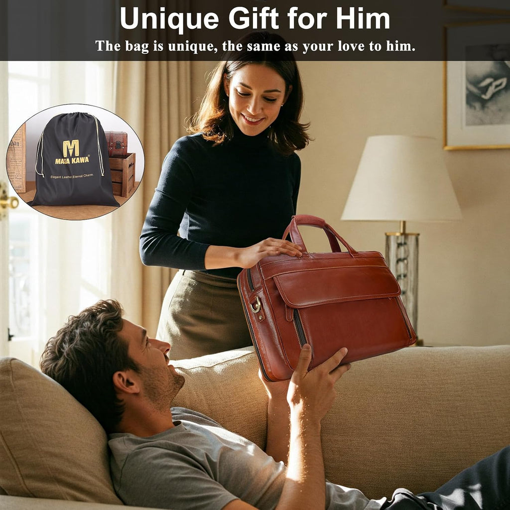 Masa Kawa Leather Briefcase for Men 15.6', 17' Laptop Computer Case Business Travel Work Messenger Cross Body Shoulder Bag