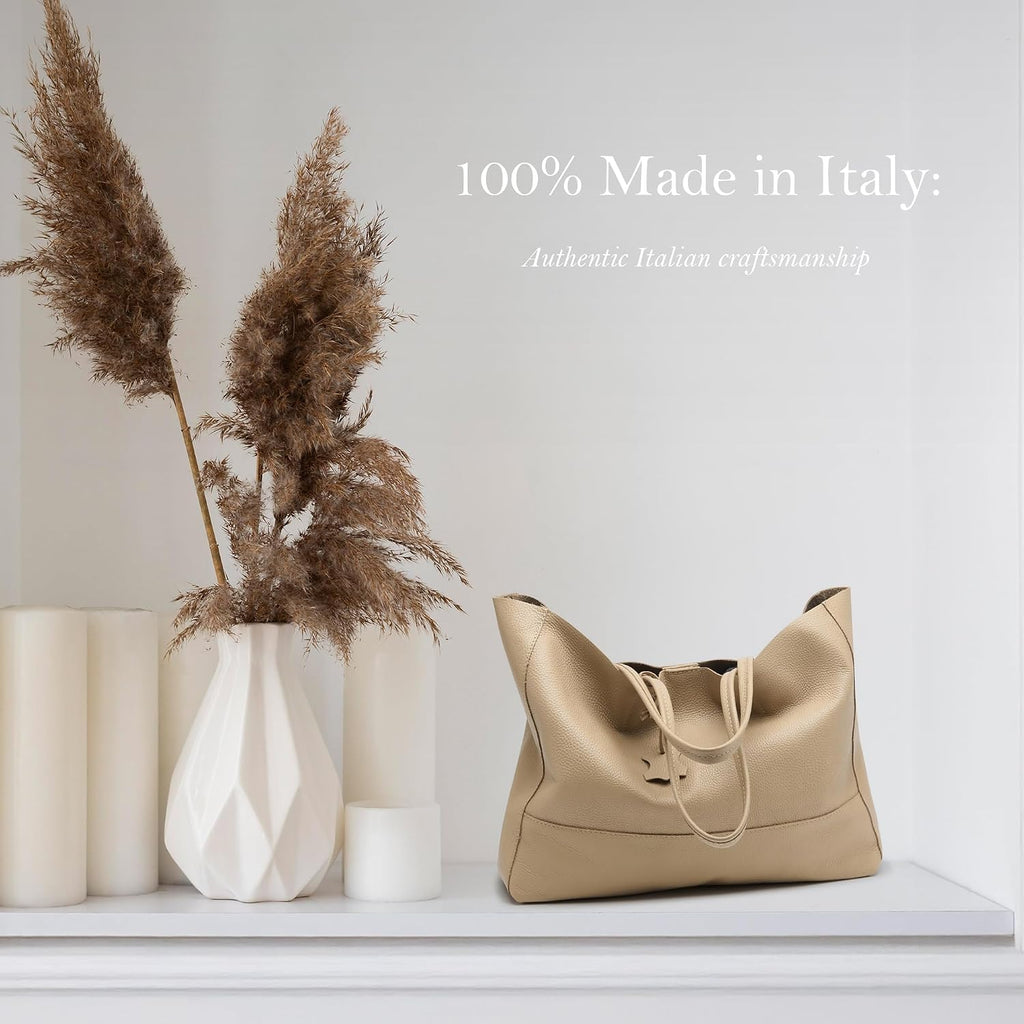 Italian Leather Tote Bag for Women - Large Shoulder Shopper, Fits 16' Laptop, Keychain Holder, Made in Italy