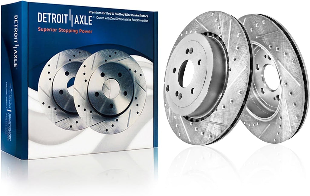Detroit Axle - Brake Kit for 18-22 Kia Stinger 19-22 Genesis G70 Drilled and Slotted Disc Brake Rotors Ceramic Brakes Pads 2019 2020 2021 Replacement : 13.78' inch Front and 13.39' inch Rear Rotors