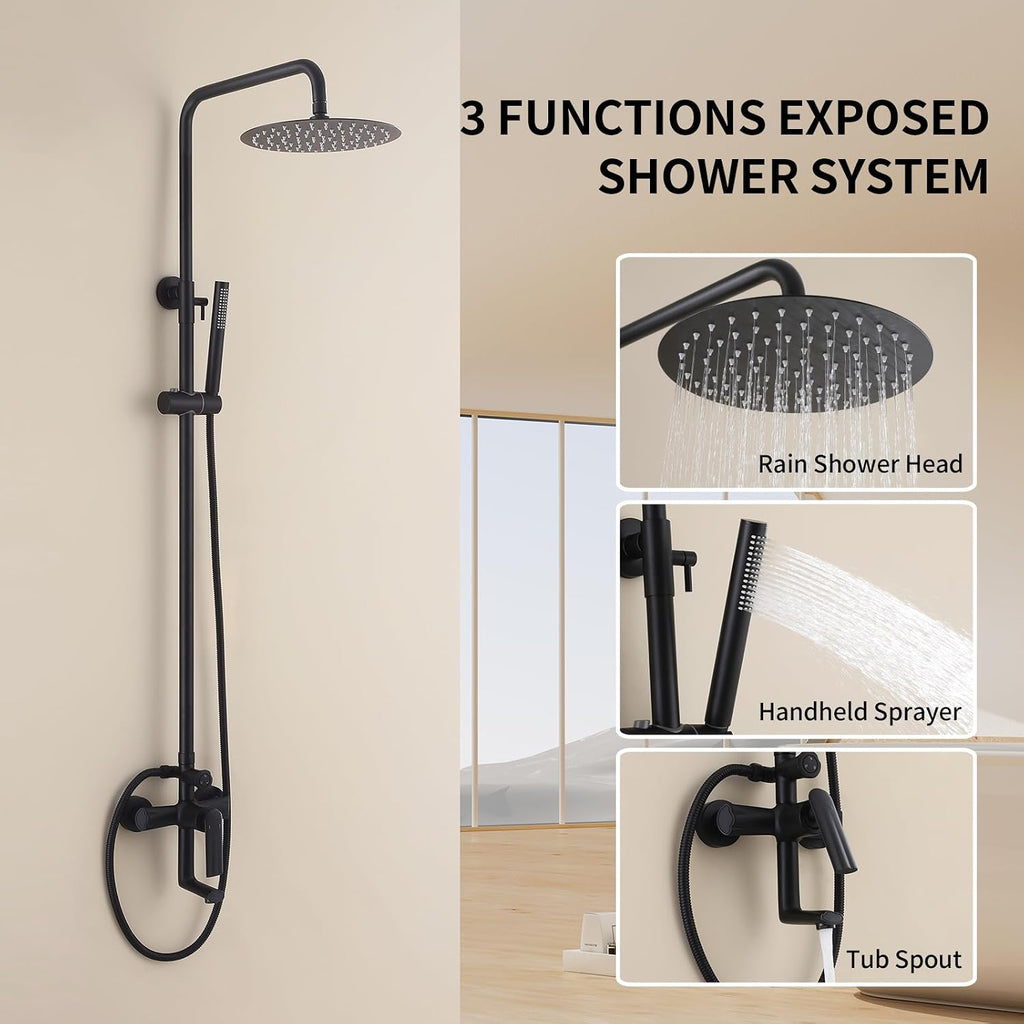 Exposed Shower Syem with Handheld, 3 Functions Bathtub Shower Faucet Sets with Brass Valve, Shower Fixture with 10-Inch Rainfall Shower Head, Height Adjustable Shower Set Matte Black