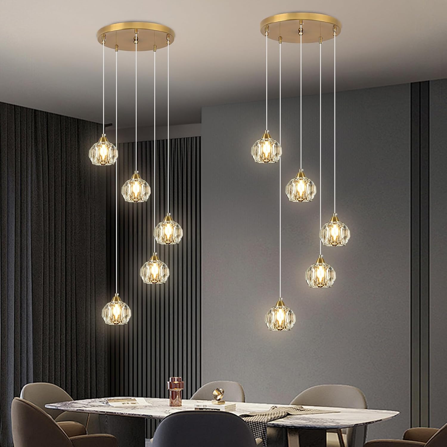 Weesalife Crystal Chandeliers for Dining Room Lights Fixture Over Table, 5-Light Gold Modern Pendant Light Fixture，Crystal Chandeliers for Living Room Kitchen Island Staircases Foyer Hallway Bar