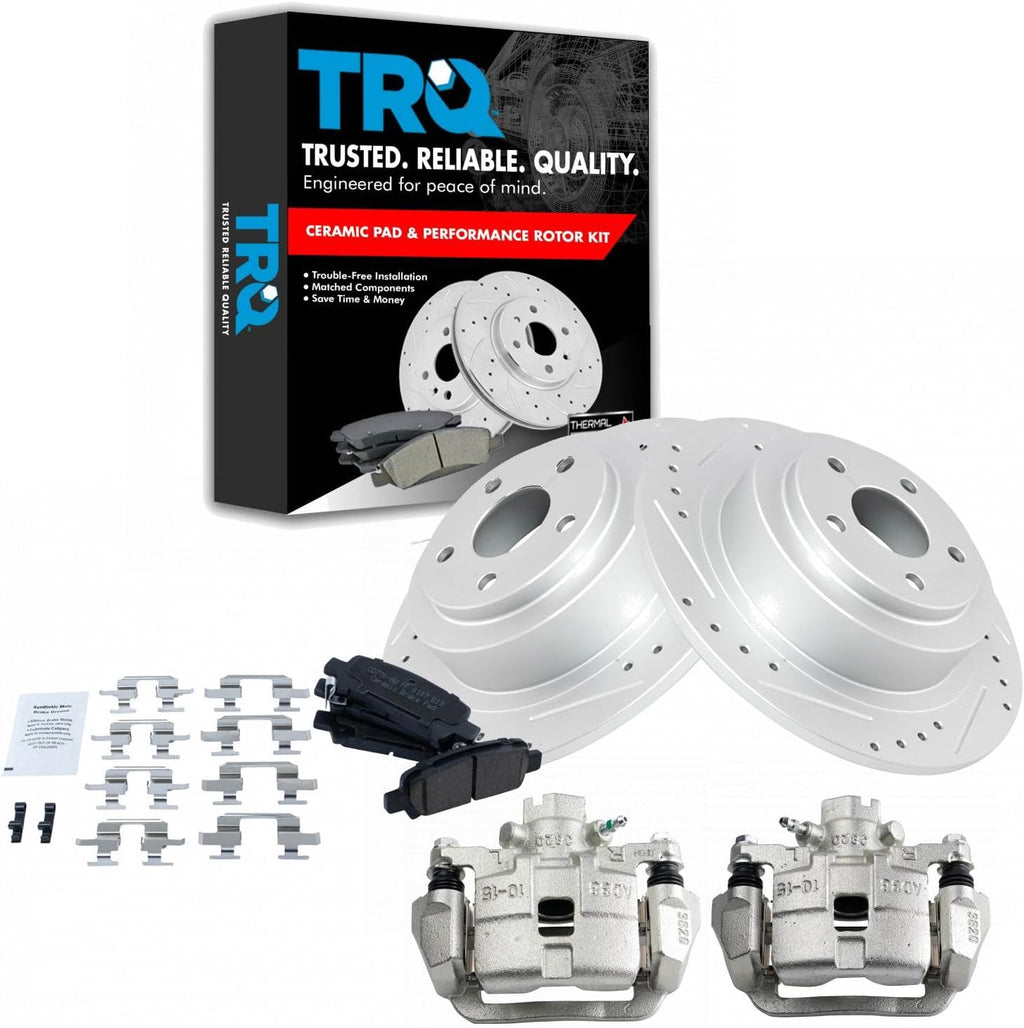 TRQ Performance Rear Brake Pad and Rotor Set Ceramic Drilled Slotted Coated Rotors Calipers Compatible with 2003-2006 Subaru Baja 2000-2004 Outback