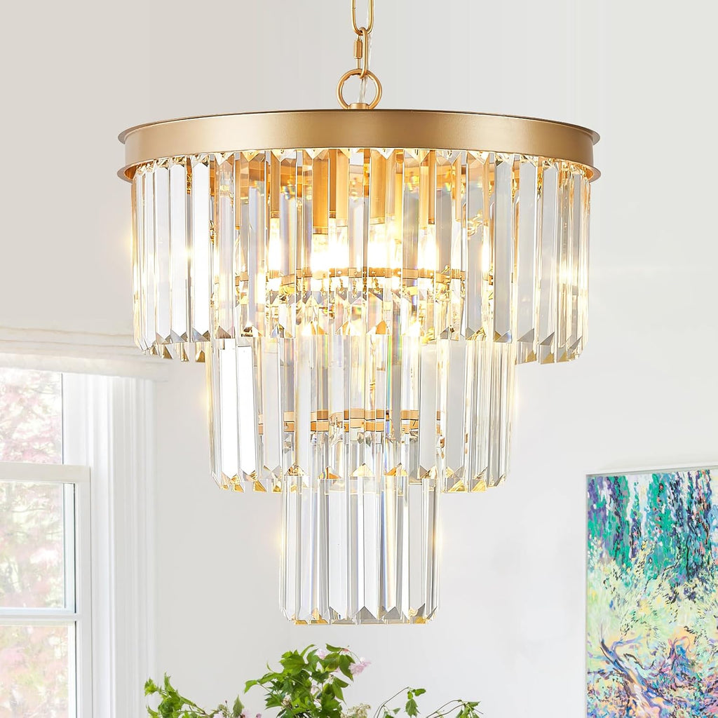 CATINER Gold Crystal Chandeliers 16' Modern 6-Light Small Pendant Light Luxury 3 Tiers K9 Crystal Ceiling Pendant Round Light Fixture for Dining Room Entryway Kitchen Bedroom Closet