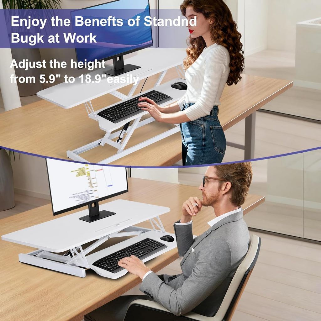 38-inch Standing Desk Converter Height Adjustable Sit to Stand Up Workstation, Duals Monitor and Laptop Riser with Wide Keyboard Tray, for Home, School, Company, White