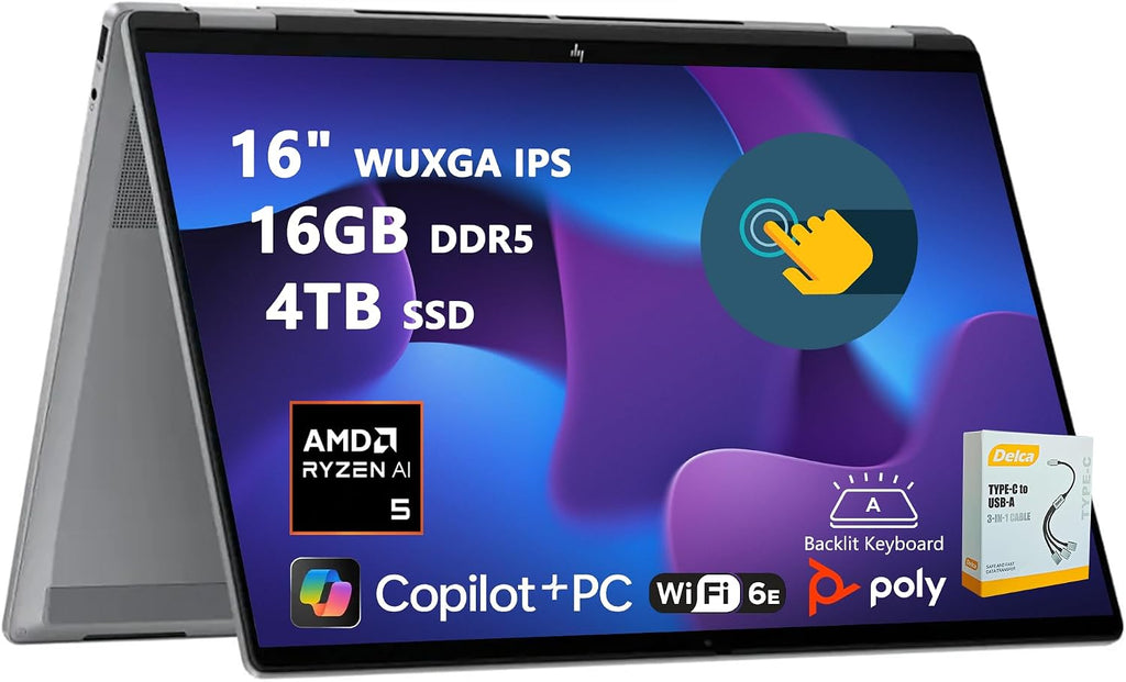 HP OmniBook X Flip AI PC 2-in-1 Laptop | 16' WUXGA Touchscreen | AMD 6-Core Ryzen AI 5 340 (Up to 50 Tops) | 16GB DDR5 4TB SSD | Backlit 5MP IR Privacy Camera Win11 w/DLCA Accessory