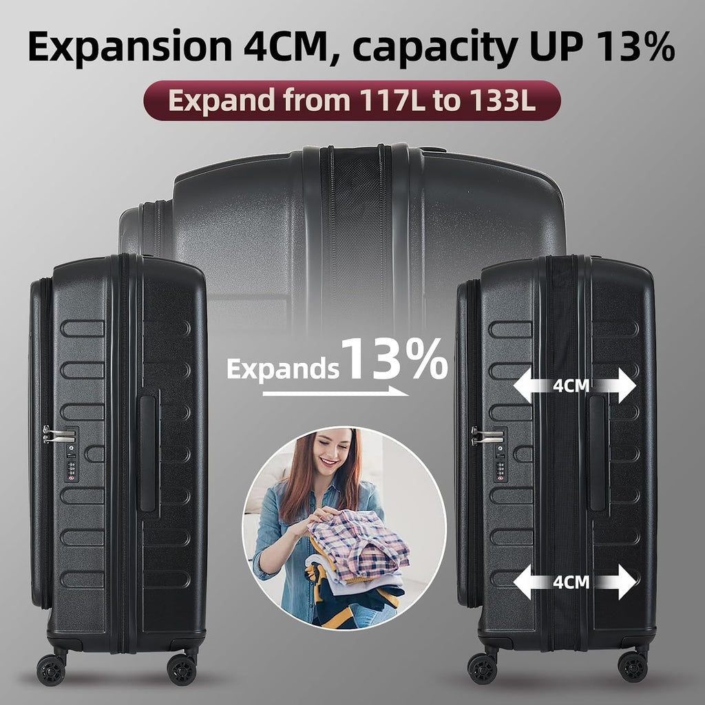 Kaleenie 2 Pieces 20/29 Luggage Sets, 20 Inch Cabin Luggage with Front Pocket & 29 Inch Side Opening Suitcase, Ligthweight ABS+PC Hardshell, TSA Lock with HINOMOTO 360° Wheels, Black
