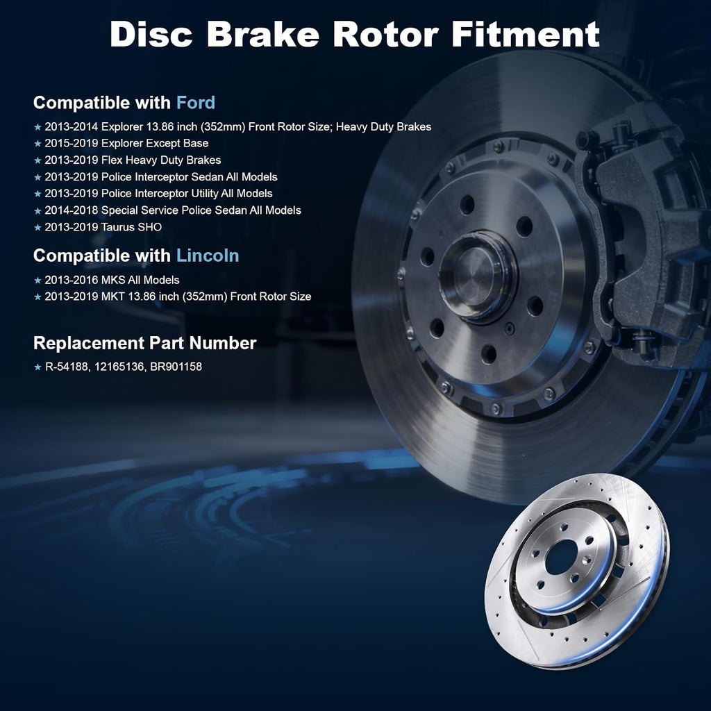 Front Drilled and Slotted Disc Brake Rotors Fit for Ford 13-19 Explorer/Flex/Police Interceptor Sedan/Taurus SHO, 14-18 Special Service Police Sedan; for Lincoln 13-16 MKS, 13-19 MKT