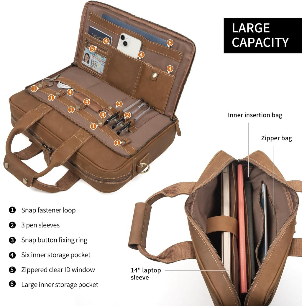 Augus Leather Messenger Bag for Men Vintage Travel Backpack 17 inch laptop Briefcase Shoulder Bags