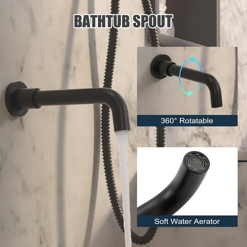 MONDAWE Round Shower Faucet Set with Tub Spout, Wall Mounted Shower System 10 Inch Rainfall Shower Head with Handheld Combo, Matte Black High Pressure Shower Faucets Sets Complete
