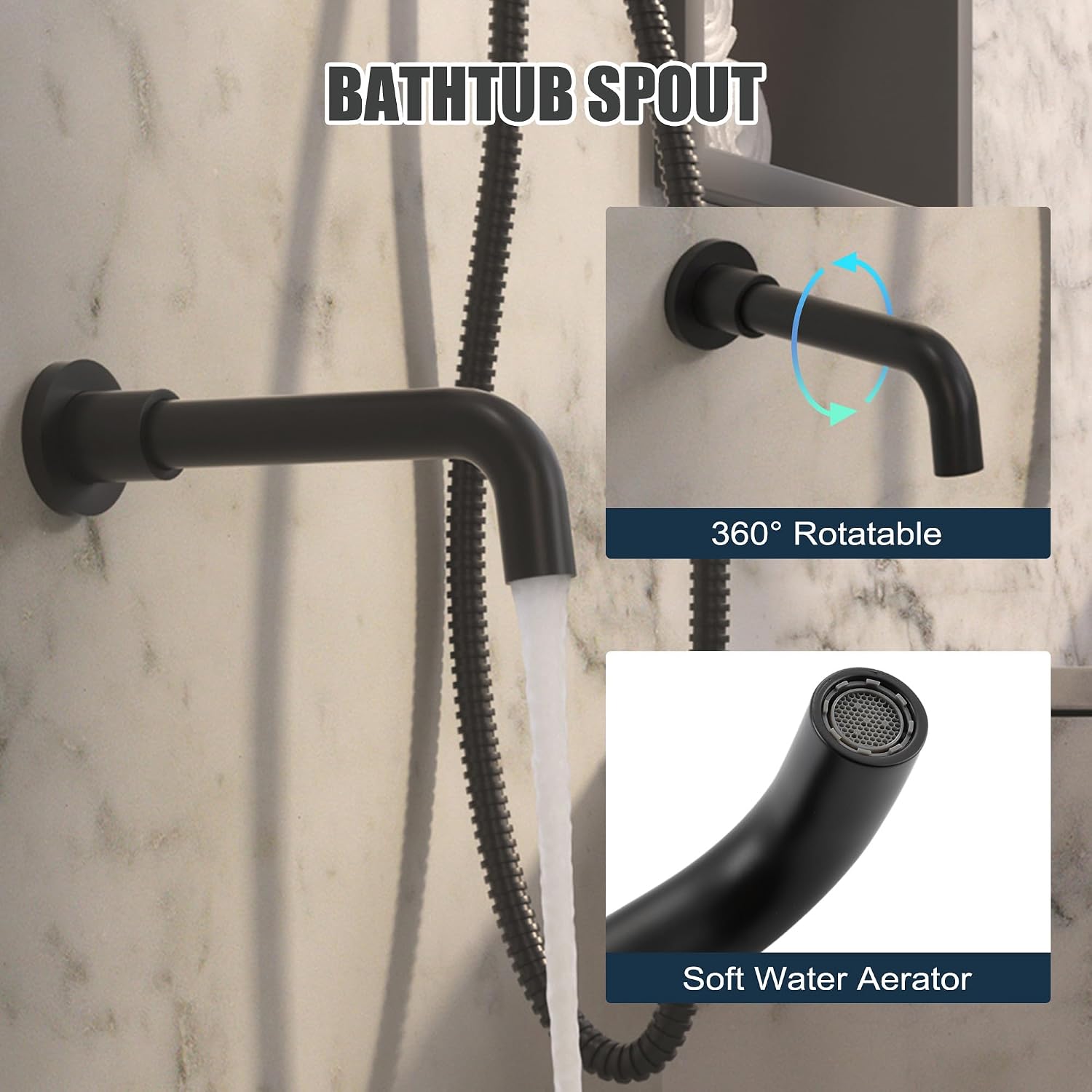 MONDAWE Round Shower Faucet Set with Tub Spout, Wall Mounted Shower System 10 Inch Rainfall Shower Head with Handheld Combo, Matte Black High Pressure Shower Faucets Sets Complete