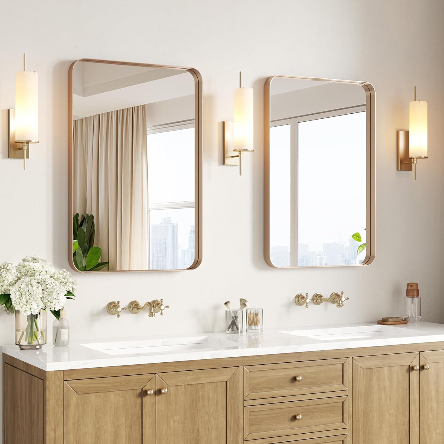 USHOWER Gold Bathroom Mirrors 22'x30' 2 Pack, Brushed Gold Rounded Rectangle Mirrors for Over Sink, Aluminum Frame, Anti-Rust, Tempered Glass, Horizontal or Vertical Mounted