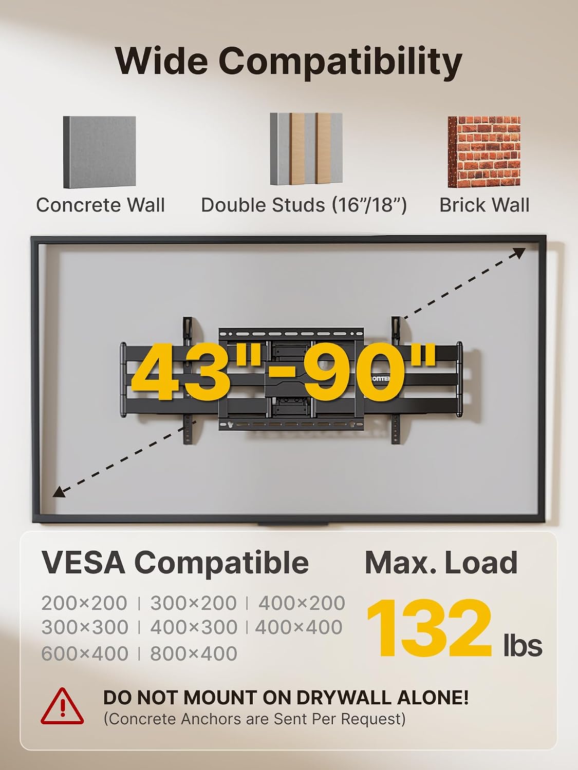 monTEK Long Arm TV Wall Mount for Most 43-90 Inch TVs, 42.5 Inch Long Extension TV Mount Swivel and Tilt, Full Motion Wall Mount Tv Bracket Fit Max VESA 800 x 400mm, Up to 132 lbs, 16',18' Studs