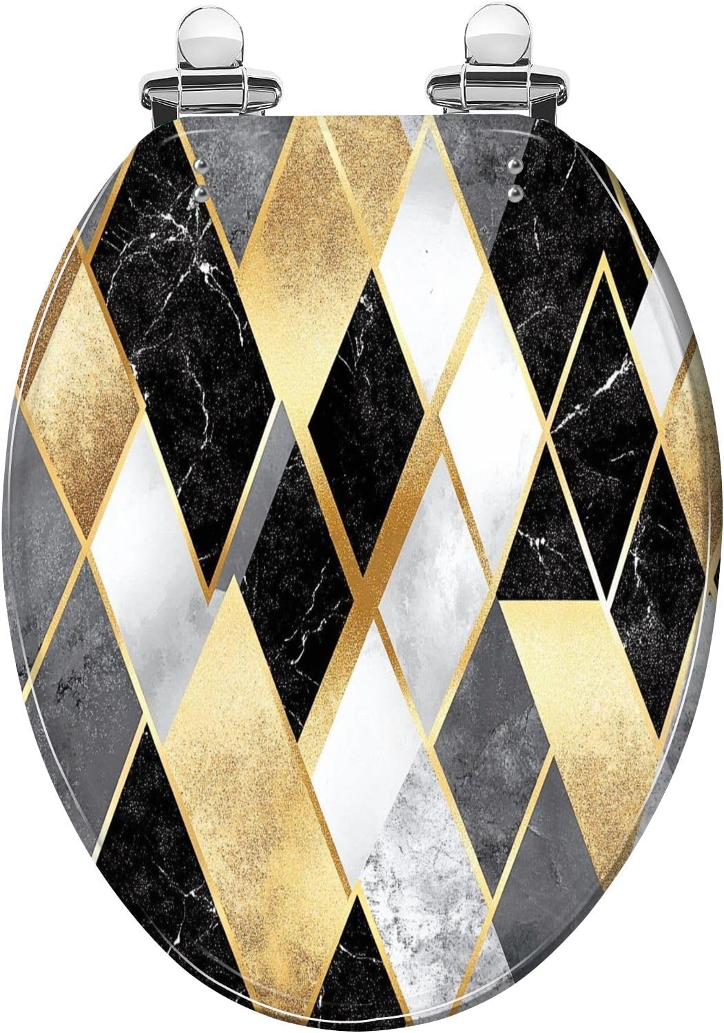 Elongated Toilet Seat seamless geometric pattern gold lines silver glitter black watercolor Art Resin Toilet Seat Easy to Install Quietly Close Quick Release Hinges Decorative Toilet Seat with Cover