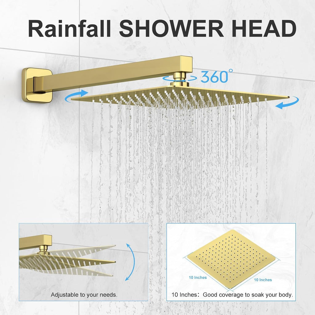 Shower Head Combo, Shower Heads with Handheld Spray Shower Faucet Set with 10 Inch Rainfall Gold Shower Head High Pressure Wall Mounted for Bathroom (Gold)-new