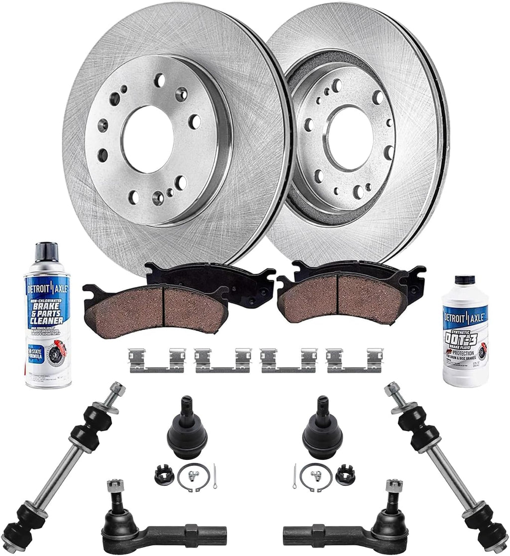 Detroit Axle - Front Brake Kit for Silverado Suburban Sierra 1500 GMC Yukon Chevy Tahoe Cadillac Escalade, Lower Ball Joints Outer Tie Rods Sway Bars Disc Brake Rotors Ceramic Brake Pads Replacement