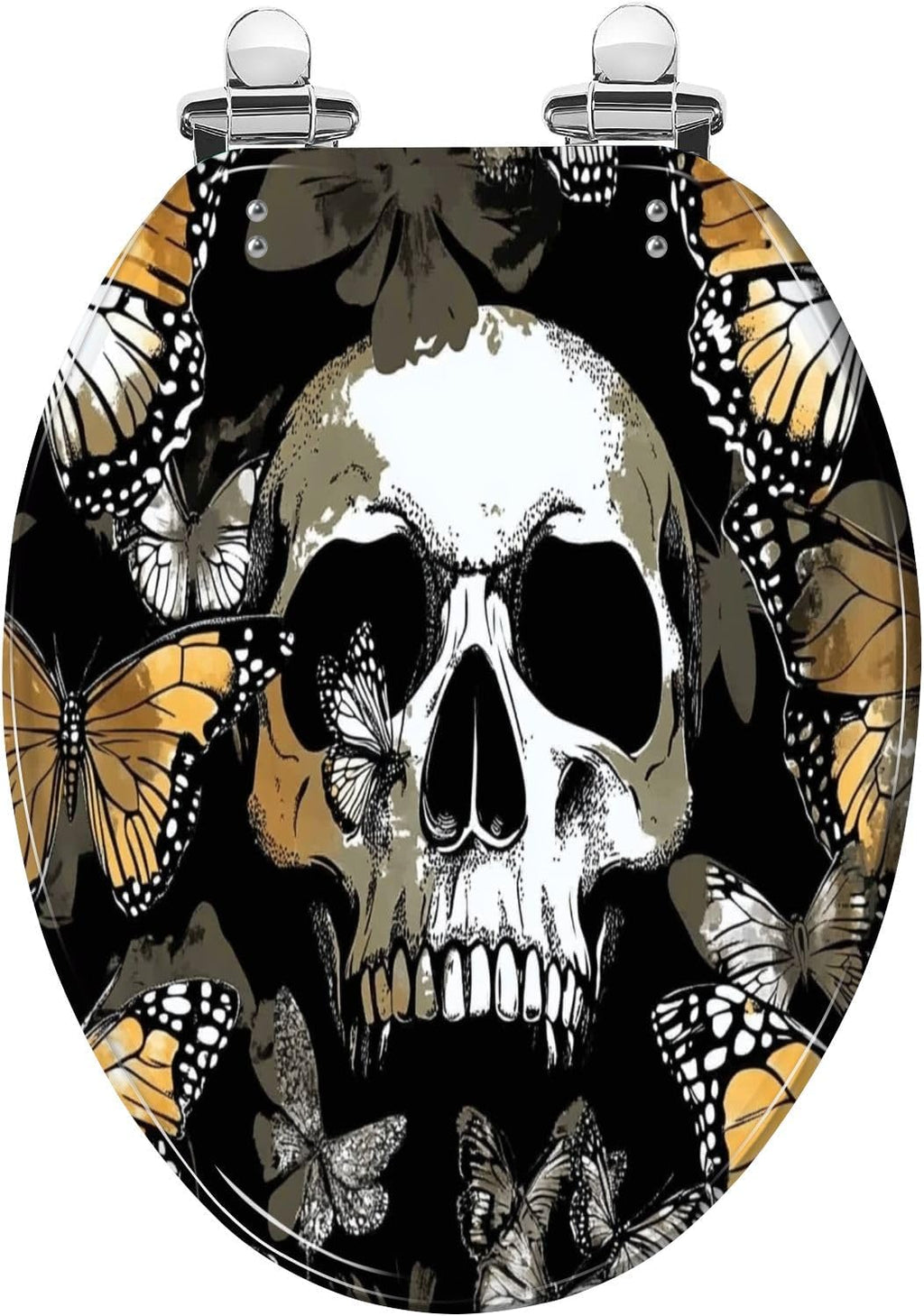 Elongated Toilet Seat Seamless pattern Gold silver Human skulls exotic Butterflies Textile Resin Toilet Seat Slow Quiet Close with Quick-Release Hinges Toilet Seat with Cover Easy to Clean Install