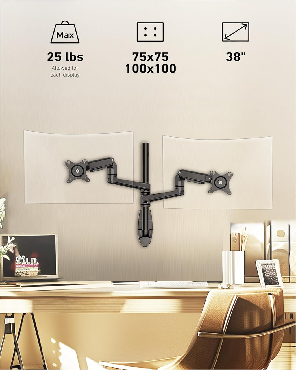 Ergounion Dual Monitor Wall Mount for Flat or Curved Screens up to 38' Within 25 lbs, Adjustable Monitor Arm with Cable Management, VESA 75x75/100x100mm Monitor Mount for 2 Monitors, Black
