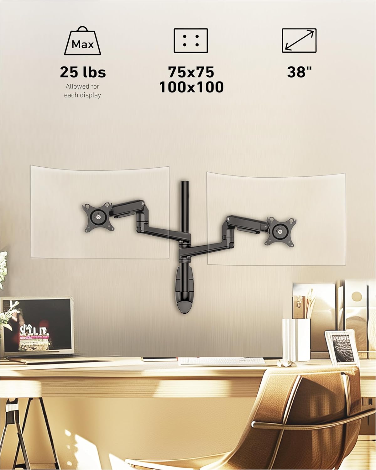 Ergounion Dual Monitor Wall Mount for Flat or Curved Screens up to 38' Within 25 lbs, Adjustable Monitor Arm with Cable Management, VESA 75x75/100x100mm Monitor Mount for 2 Monitors, Black