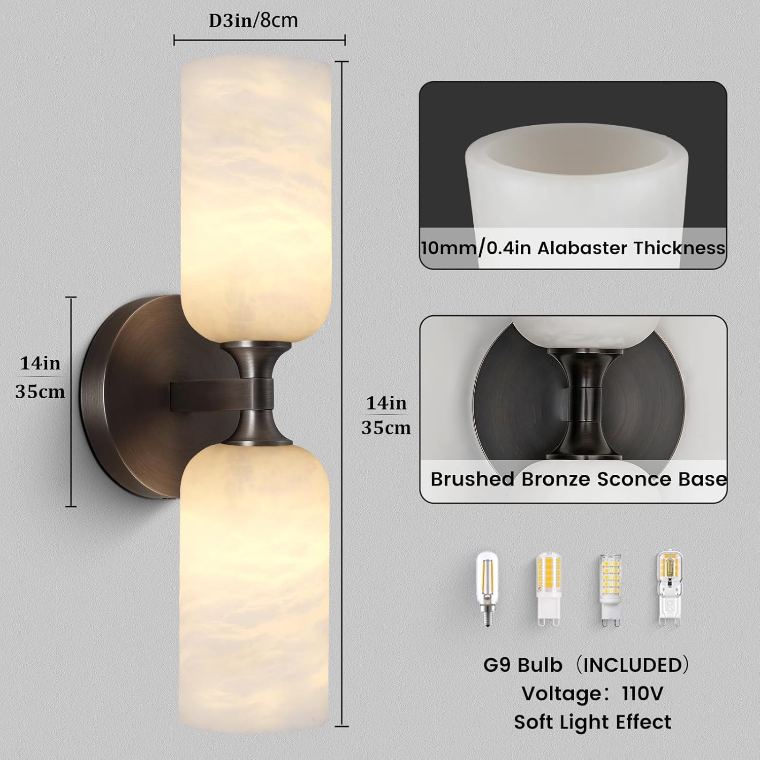 Alabaster Wall Sconce, 14in Modern Spanish Natural Marble Bathroom Vanity Sconces, Unique Indoor Black Wall Lighting Fixtures Decor for Bedroom Living Room Staircases