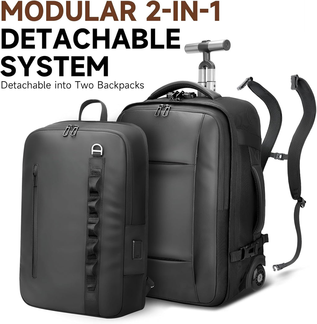 2-in-1 Detachable Carry On Rolling Backpack - Splits into Two Bags for Travel, 50L Wheeled Backpack with 17.3″ Padded Laptop Sleeve, USB Charging Ports, TSA Lock, Waterproof Luggage Suitcase