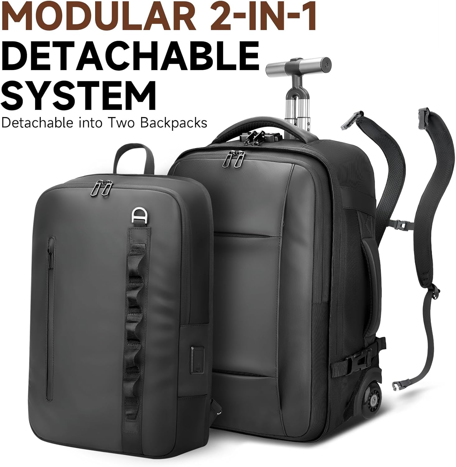 2-in-1 Detachable Carry On Rolling Backpack - Splits into Two Bags for Travel, 50L Wheeled Backpack with 17.3″ Padded Laptop Sleeve, USB Charging Ports, TSA Lock, Waterproof Luggage Suitcase