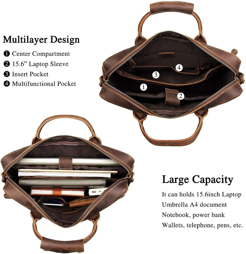 Augus Vintage Leather Briefcase for Men 15.6 Inch Laptop Computer Bag Retro Messenger Crossbody Shoulder Bag | Vintage Leather