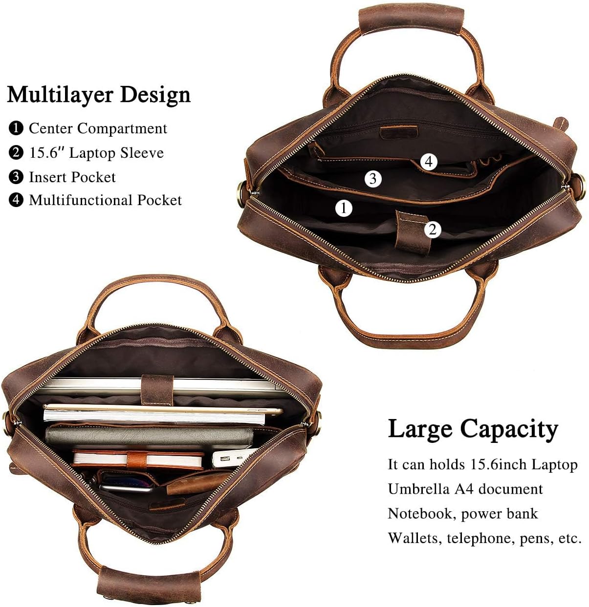 Augus Vintage Leather Briefcase for Men 15.6 Inch Laptop Computer Bag Retro Messenger Crossbody Shoulder Bag | Vintage Leather