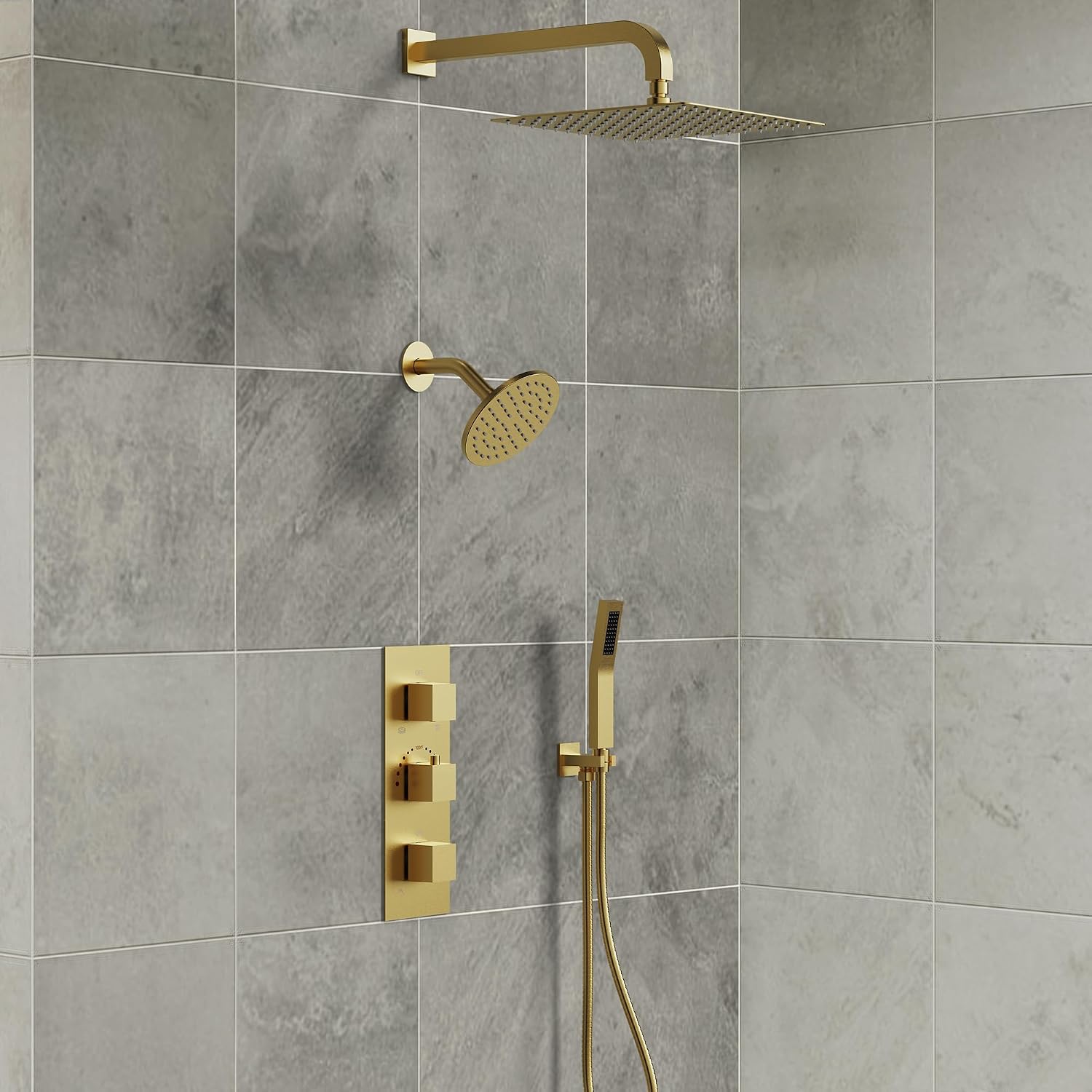 Thermostatic Shower system, 12 & 6 in. Bathroom Shower Set Wall Mount Dual Shower Head Faucet in Brushed Gold