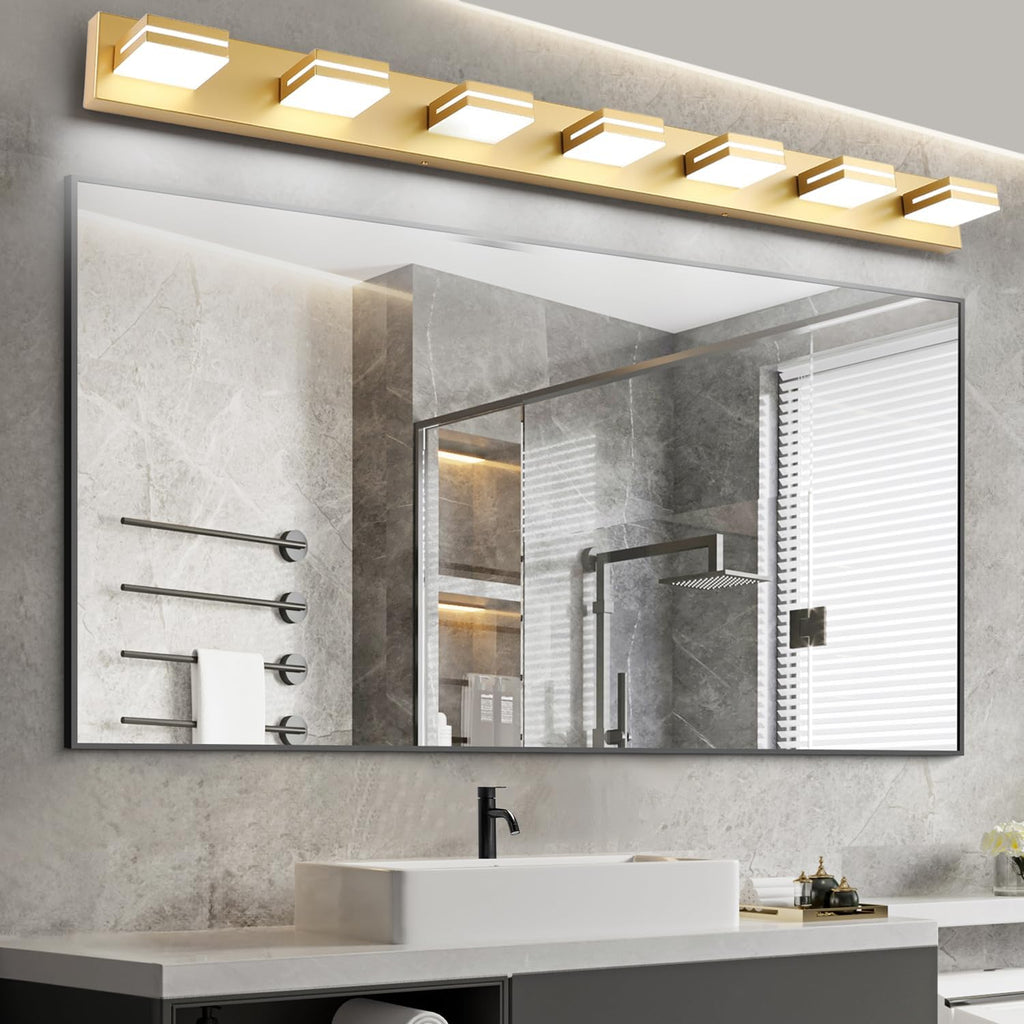 SineRise LED Modern Bathroom Vanity Light Fixtures (7-Light, 55-Inch), Gold Modern Acrylic Bathroom Wall Lighting Fixtures Over Mirror (Cool White 6000K)