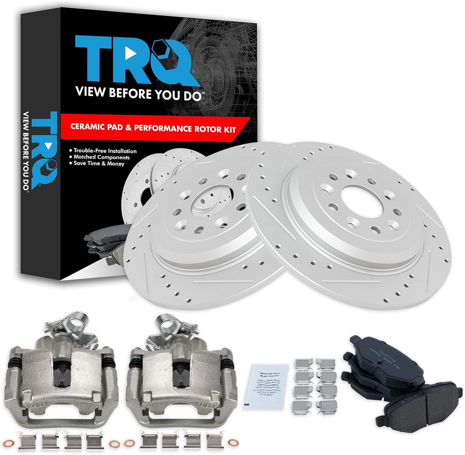 TRQ Performance Rear Brake Pad and Rotor Set Ceramic Solid Rotors Calipers G Coated Compatible with 2014-2018 Ford Explorer 2015-2018 Flex Lincoln MKT