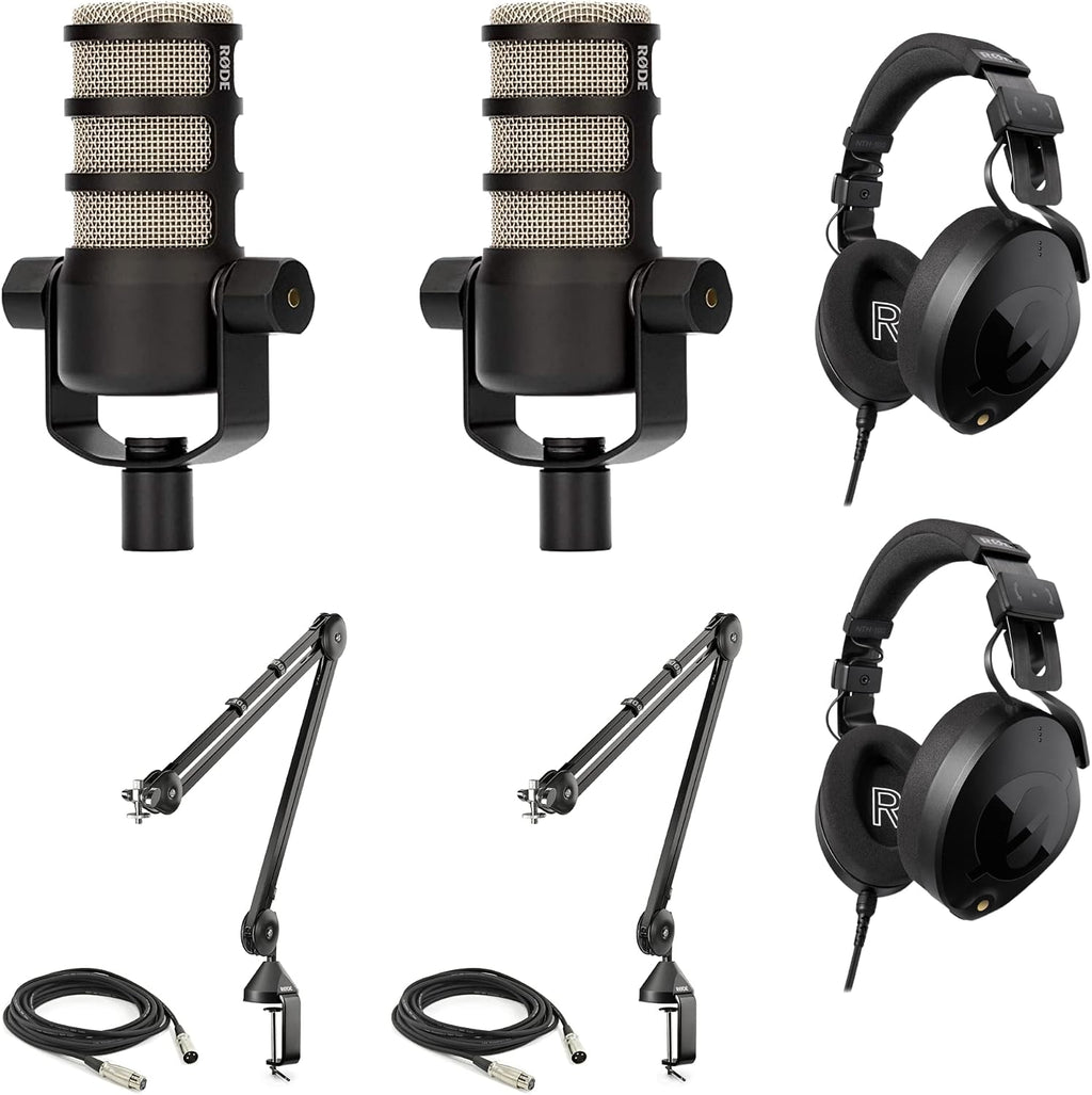 StreamEye Rode PodMic Dynamic Podcasting Microphones (Pair) with Rode PSA1 Microphone Boom Arms, Rode NTH-100 Professional Closed-Back Over Ear Headphones, XLR Cables Polishing Cloth