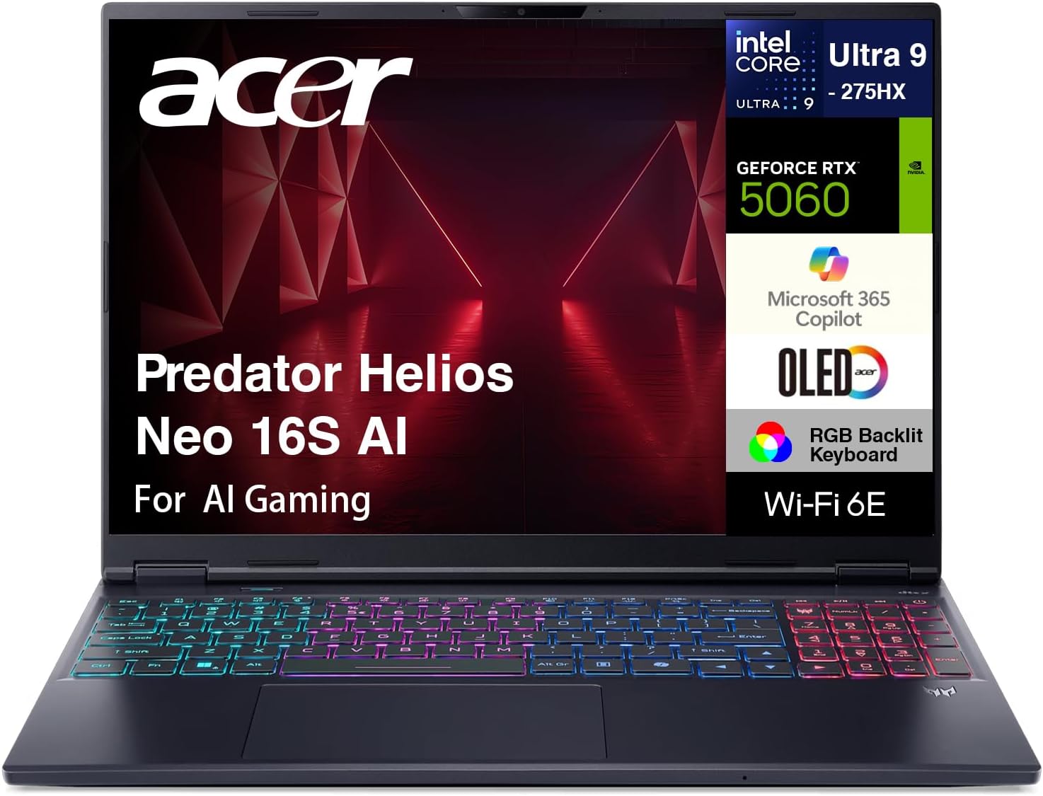 acer Predator Helios Neo 16S AI Gaming Laptop 16.0' 240Hz OLED WQXGA (Intel Ultra 9-275HX, GeForce RTX 5060 8GB, 32GB DDR5, 1TB PCIe SSD, Thunderbolt 4, Copilot, Win 11 Pro) w/Dockztorm Hub