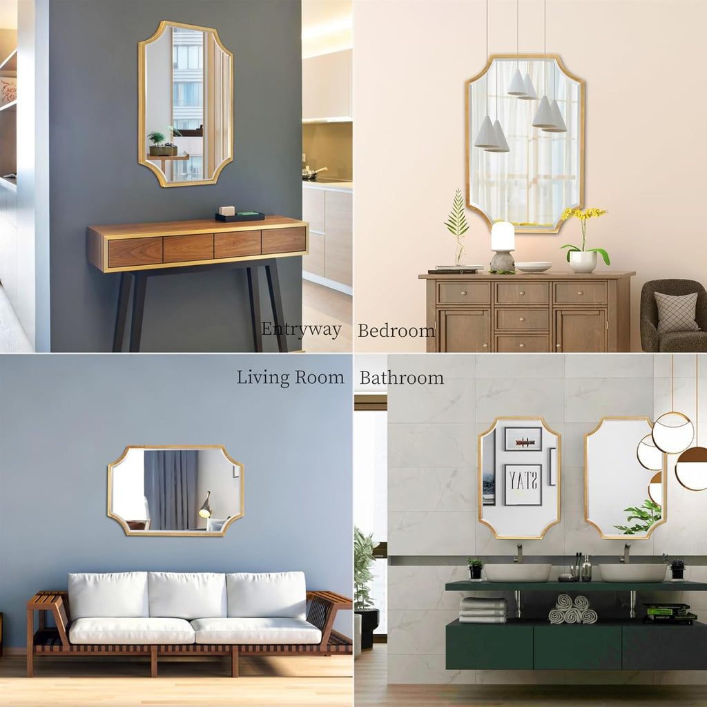 Kelly Miller 24'x36' Gold Foil Metal Scalloped Decorative Wall Mirror | Elegant beveled vanity mirror with wavy edges. Perfect metal frame wall mirror for living room, bathroom & entryway.