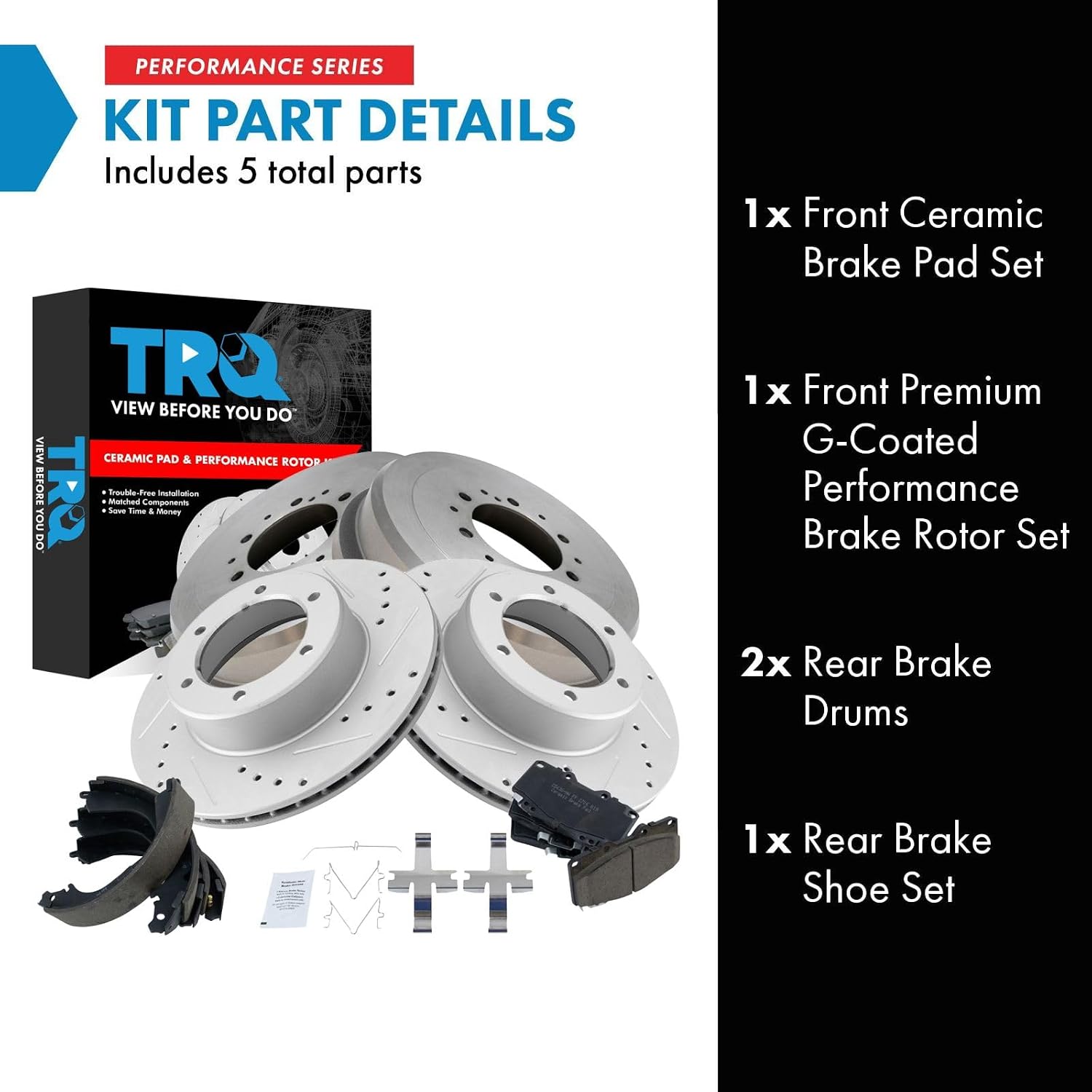 TRQ Front & Rear Brake Pad & Rotor,Shoe & Drum Kit Premium G-Coated Slotted X Drilled Ceramic Performance Compatible with 1990-1991 Toyota 4Runner 1989-1995 Pickup