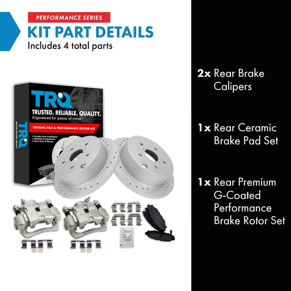 TRQ Performance Rear Brake Pad and Rotor Set Ceramic Slotted Drilled G Coated Rotors Calipers Compatible with 2015-2019 Subaru WRX