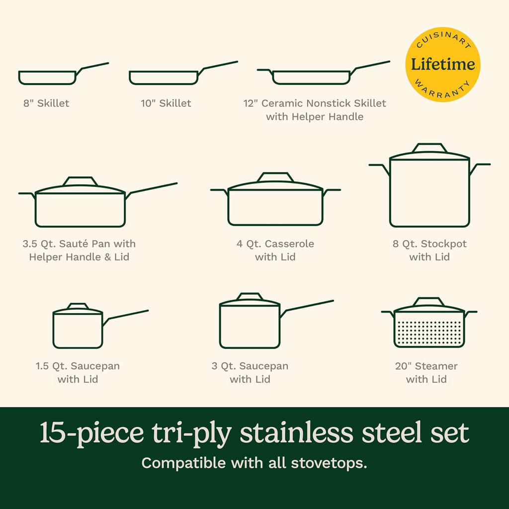 Cuisinart 15-Piece Cookware Set, MultiClad Pro Triple-Ply Stainless Steel Cookware Set, Heat Surround Technology, Cool Grip Stick Handles, Oven Safe up to 500F, MCPS-15N, Silver